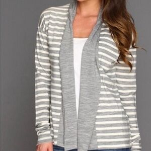 ICEBREAKER 100% Merino Wool Open Front Shawl Collar Cardigan Grey / White Stripe